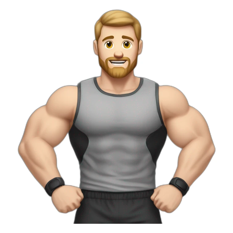 Close up Actively gesturing  with hands Pale skinned Fit Man With the biceps and brown hair in dark gray Sleeveless Mike, black oversize sports shorts, watch and white Sneakers sticker