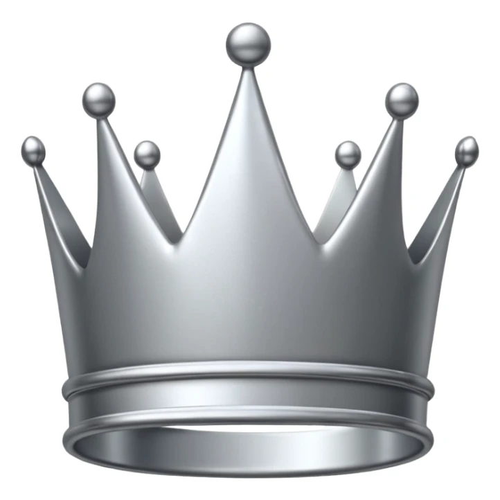 A luxury silver crown emoji, chrome metallic finish, smooth rounded edges, subtle sparkle, polished reflective surface, cute proportions, iOS emoji style, centered on a clean white background, soft studio lighting, no outlines sticker