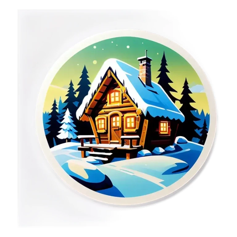 Schneebedeckte Hütte im Wald mit einem Glasdach Nordlichter am Himmel sticker