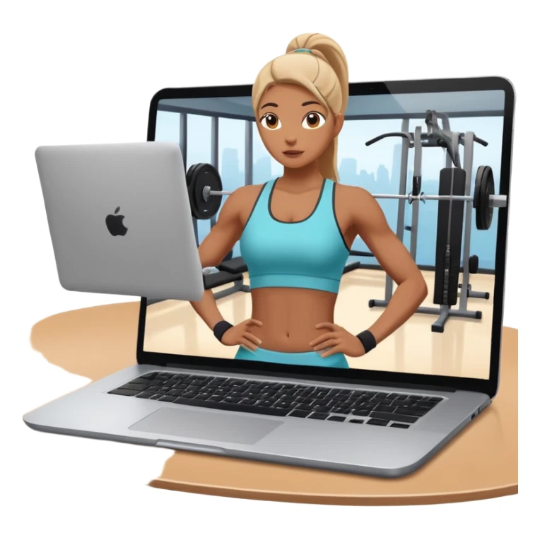 Open laptop on a dark background, showing a fitness trainer inside a modern professional gym on the screen— smooth rounded edges, soft lighting, no text or logos, minimalistic and high-quality rendering. Only the laptop is visible, centered sticker