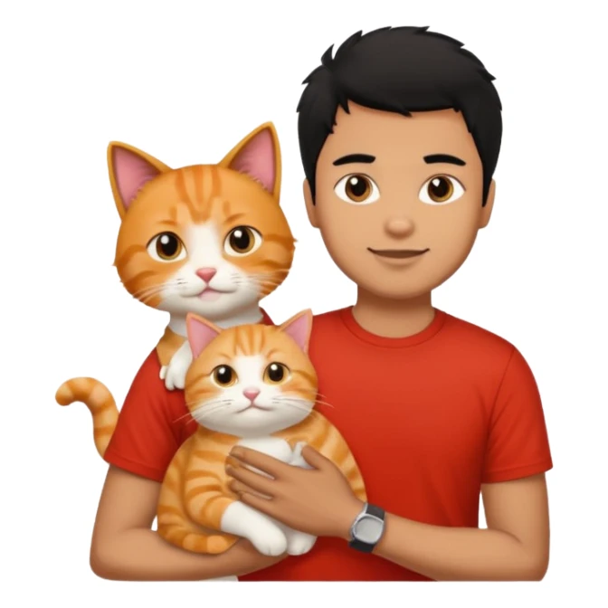 Brown guy with black hair in red t-shit with orange cat sticker