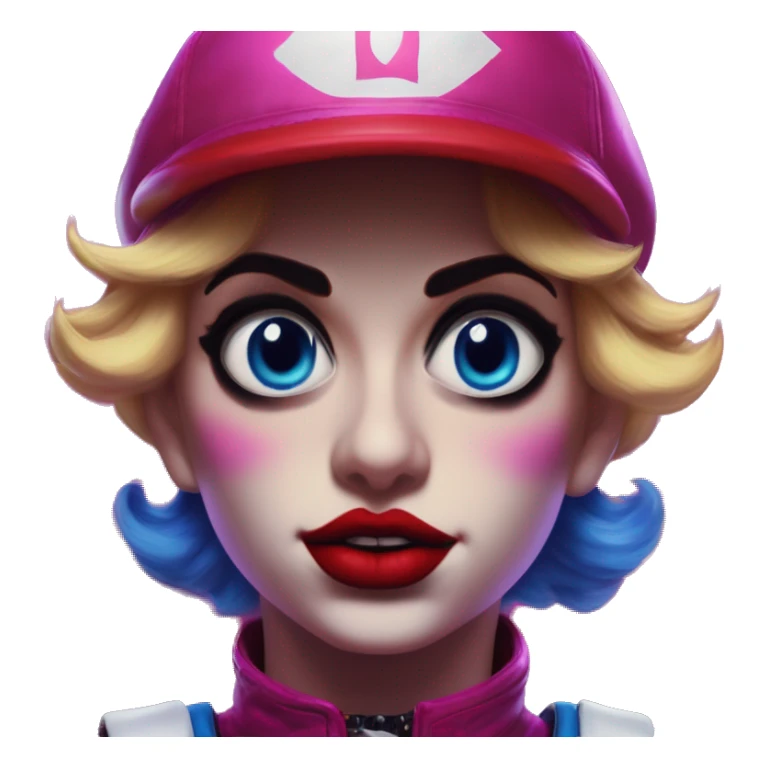 Synthwave Mario in Harley Quinn style, oil paint, mysterious eyes, intricate lips, masterpiece portrait, odd perspective, beautiful, desirable, logical sticker