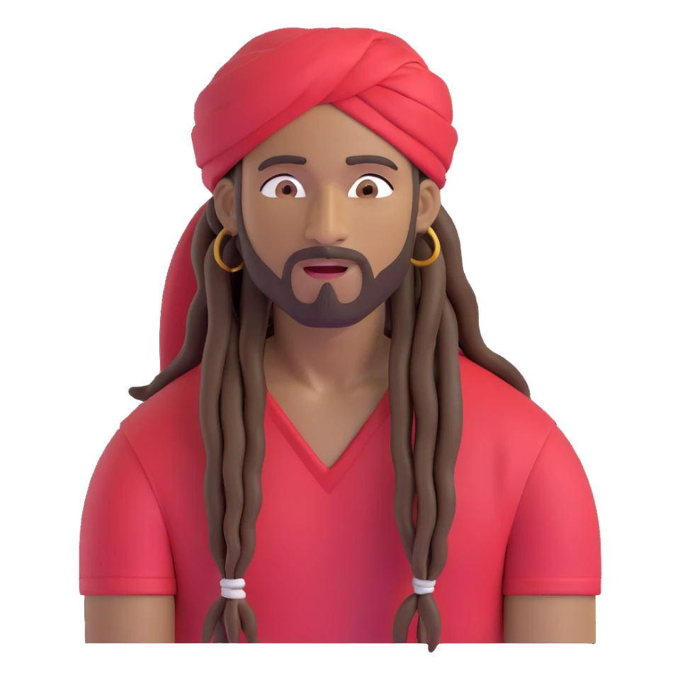 Brownskin man with long brown dreadlocks 
red t-shirt 
white turban 
expression is in love 
his eyes mouth open  sticker