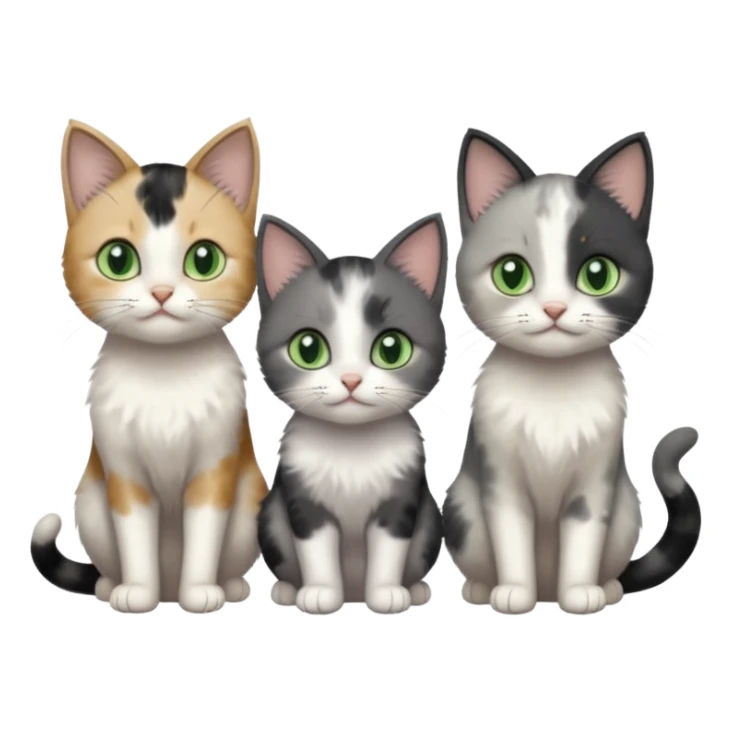 3 different coloured small cats including a dark grey and white, and a patchy calico and a completely solid dark grey with green eyes and only white paws sticker
