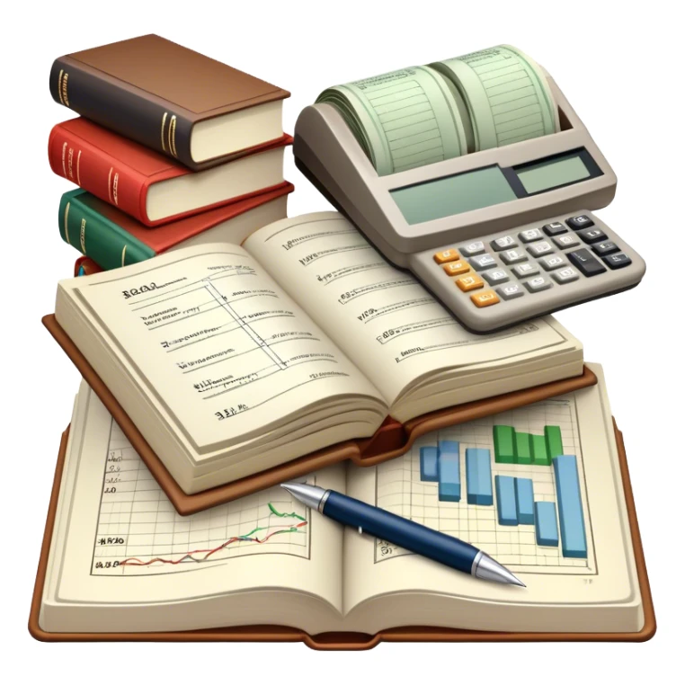 Icon for Business Reading: an open book with graphs, numbers, percentages, formulas, and text on the pages, next to a stack of books, a pile of dollars, a calculator, and a pen. The icon should represent the analytical and strategic nature of business literature. Transparent background. sticker