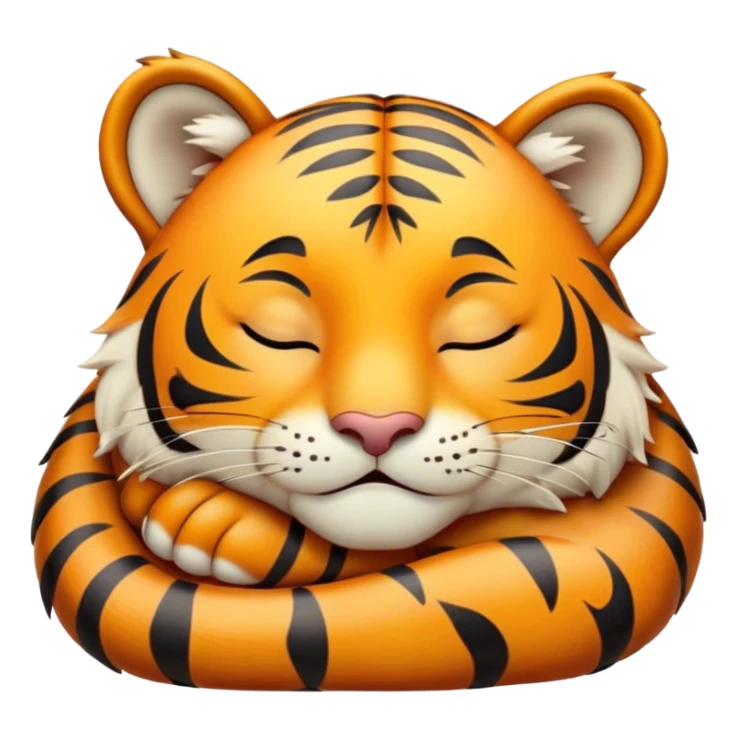 Meme-Worthy cute Sleeping Tiger Portrait Emoji, Head resting peacefully with a contented smile, showcasing a luxuriously striped form and eyes gently closed in serene slumber, Simplified yet comically adorable features, highly detailed, glowing with a soft, drowsy wild light, high shine, relaxed and utterly lovable, stylized with an air of playful laziness, bright and heartwarming, soft glowing outline, capturing the essence of a sleeping tiger that feels destined to become the next viral icon of adorable rest! sticker