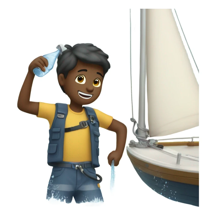 boy pouring water from a hose onto a sailboat  sticker