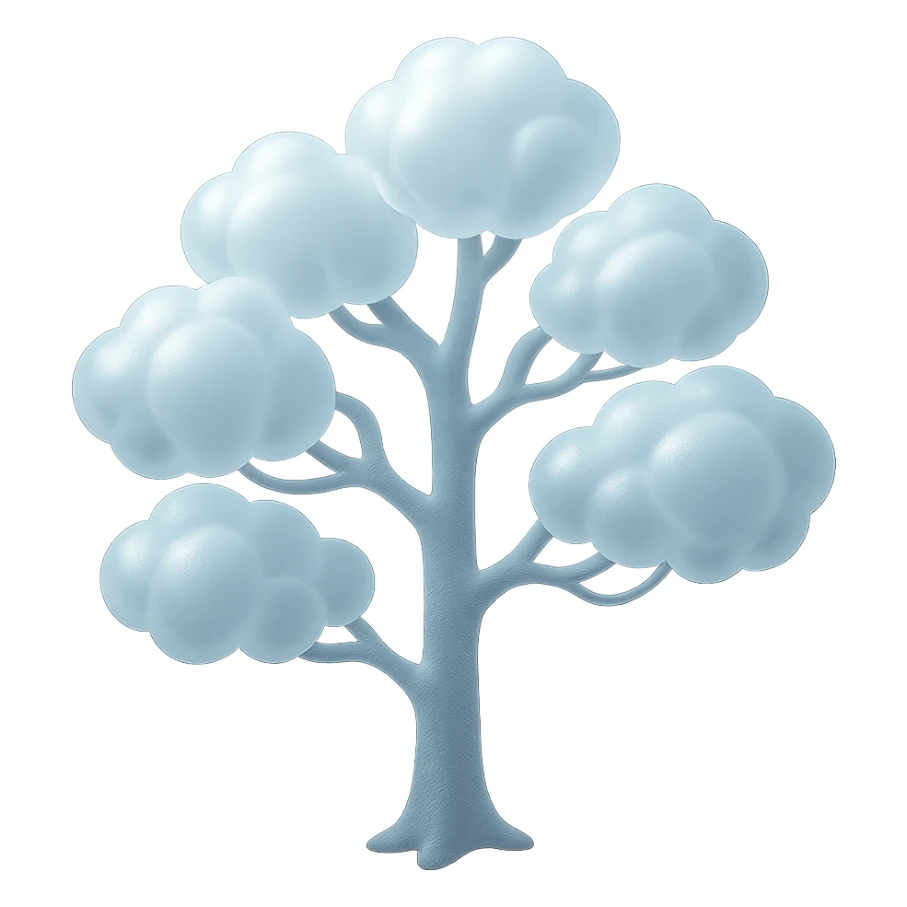 one tree with many branches and a white trunk, crown made of small very bright white fluffy convex clouds, matte glass style sticker