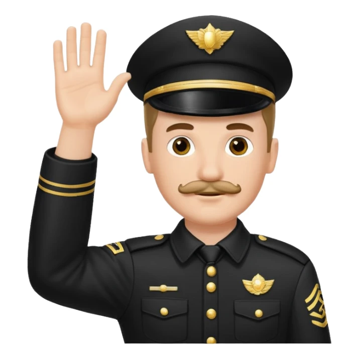 A white man with a small mustache raising one hand straight out like a Sieg Hail salute in Black SS uniform. The arm must be straight out with no bend in the elbow sticker