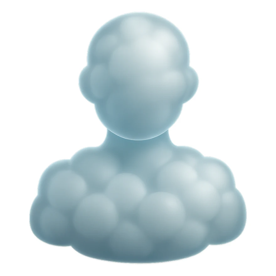 faceless person, facing straight, composed entirely of white fluffy convex clouds, shoulders up, no shadows, matte glass style sticker