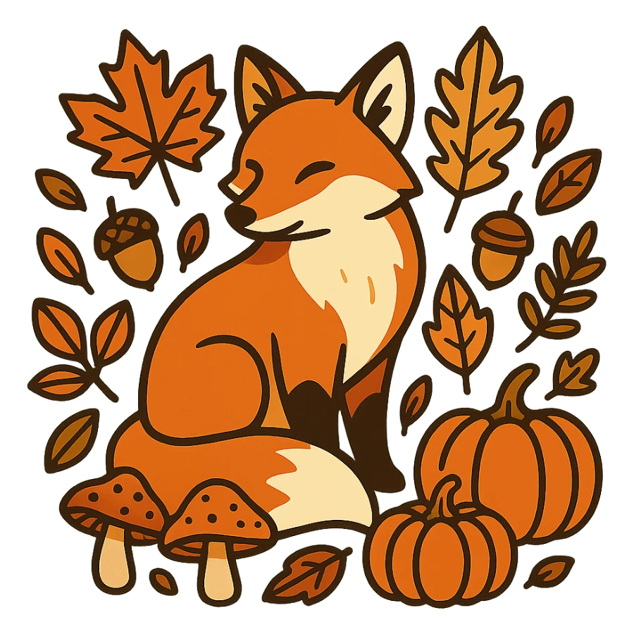 t-shirt design, vector illustration of a fox surrounded by autumn elements (fallen leaves, acorns, mushrooms, pumpkins), warm autumn color palette (orange, red, yellow, brown), clean bold lines, detailed but stylized, centered composition, no background, isolated graphic, modern flat style sticker