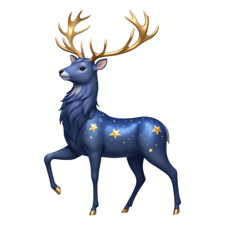 Celestial Stag emoji – full body, majestic stag with shimmering silver body and deep midnight-blue fur, tall glowing golden antlers shaped like constellations, small star accents, slight side angle sticker