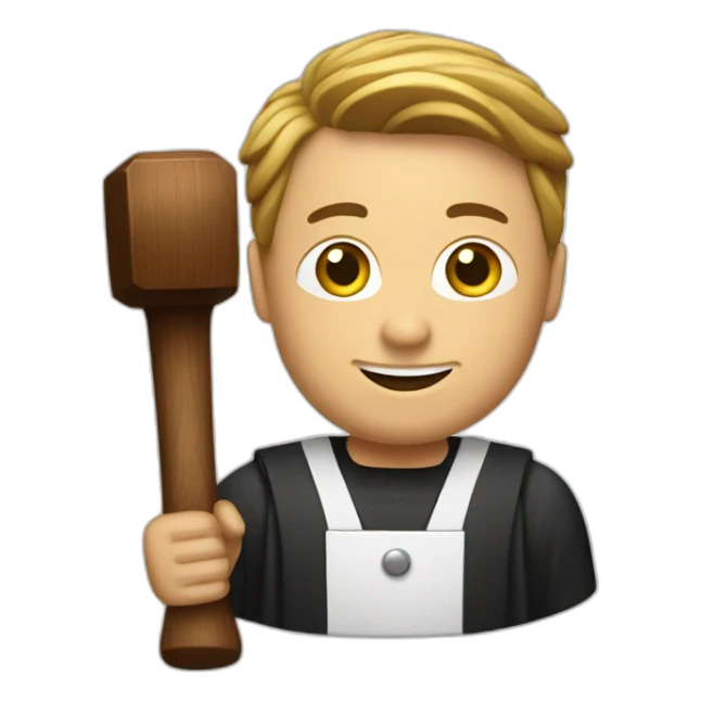 male judge holding a small woodden hammer sticker