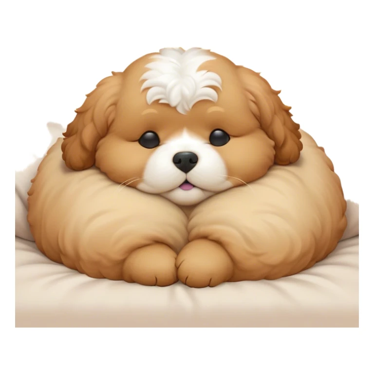 Cinematic Meme-Worthy Chubby Sleeping Cavoodle Portrait Emoji, Head resting peacefully with a contented smile, showcasing a delightfully chubby build and a luxuriously soft, curly apricot coat with gentle white accents, eyes shut in a serene nap, Simplified yet hilariously adorable features, highly detailed, glowing with a soft, drowsy light, high shine, relaxed and utterly lovable, stylized with an air of playful laziness, bright and heartwarming, soft glowing outline, capturing the essence of a comically sleepy Cavoodle, so meme-worthy it feels like it could instantly become the next viral sensation of adorable slumber! sticker
