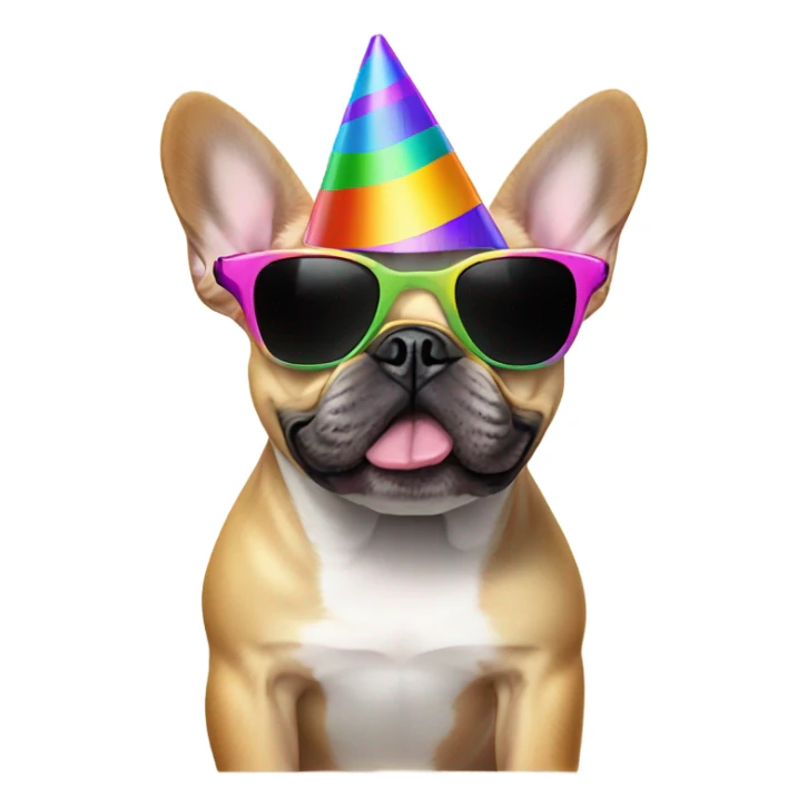 French bulldog with sunglasses wearing a party hat sticker