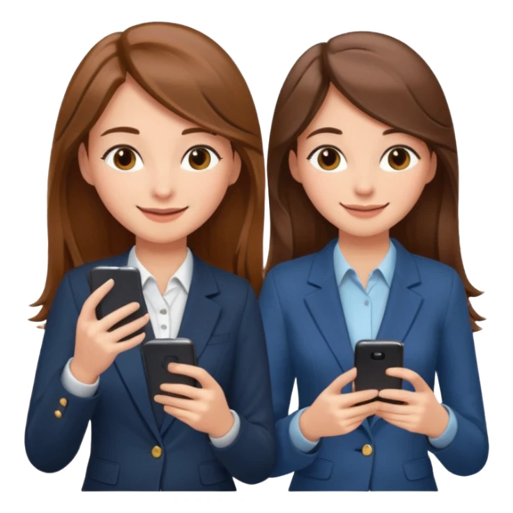 two brown haired girls, looking professional maybe leaned back on back and looking forward and using phones, with longer hair and with some cute clothes sticker