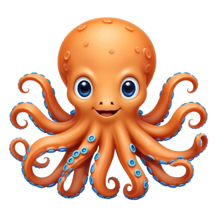 Cinematic Cute smiling Octopus Portrait Emoji, Head tilted playfully and inquisitively, featuring a rounded, light orange body embellished with playful blue rings, eight adorably curling arms, and big, twinkling eyes full of wonder, Simplified yet irresistibly adorable features, highly detailed, glowing with a warm, inviting underwater glow, high shine, affectionate and lively, stylized with a touch of whimsical cartoon charm, soft glowing outline, capturing the essence of a mischievous yet loving octopus that seems as if it could bob out of the screen into your arms! sticker