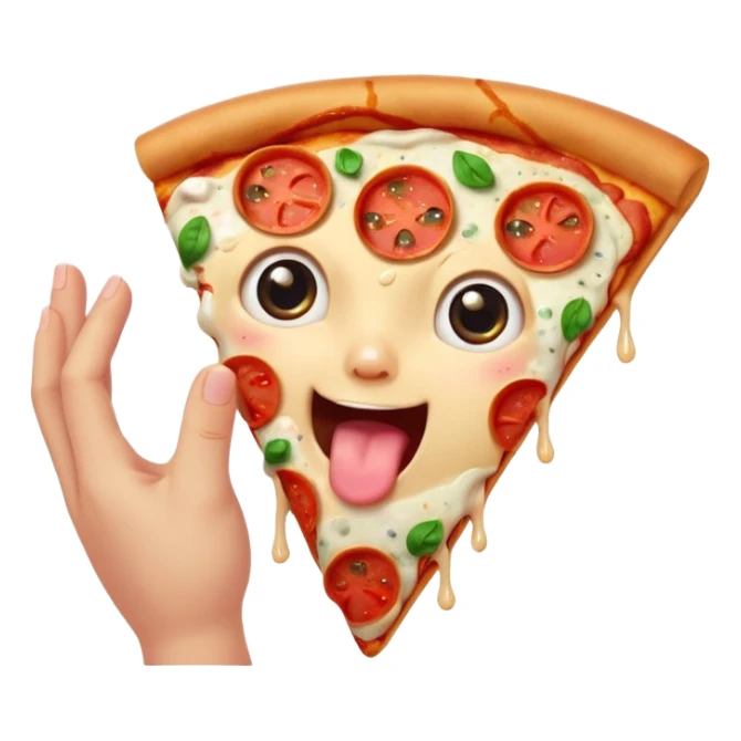 bitten pizza slice with big sparkling eyes, drooling mouth, blushing cheeks, hands reaching toward it, colorful, expressive, minimalistic, modern emoji style sticker