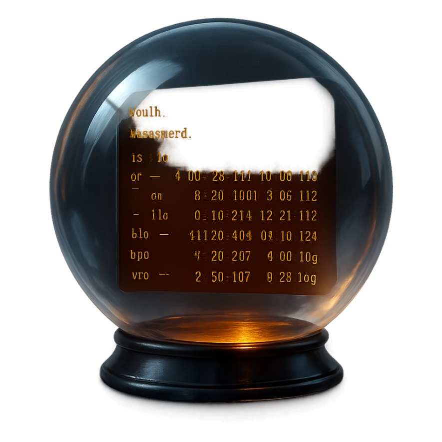 crystal ball with a dark terminal screen inside showing glowing orange text, mysterious hacker theme, techy atmosphere, digital and secretive look, glowing and futuristic sticker
