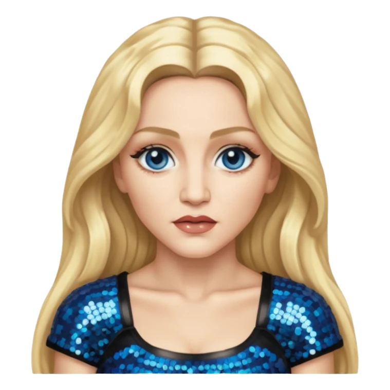 Madonna with blonde long hair, black sequin crop top, blue eye sticker