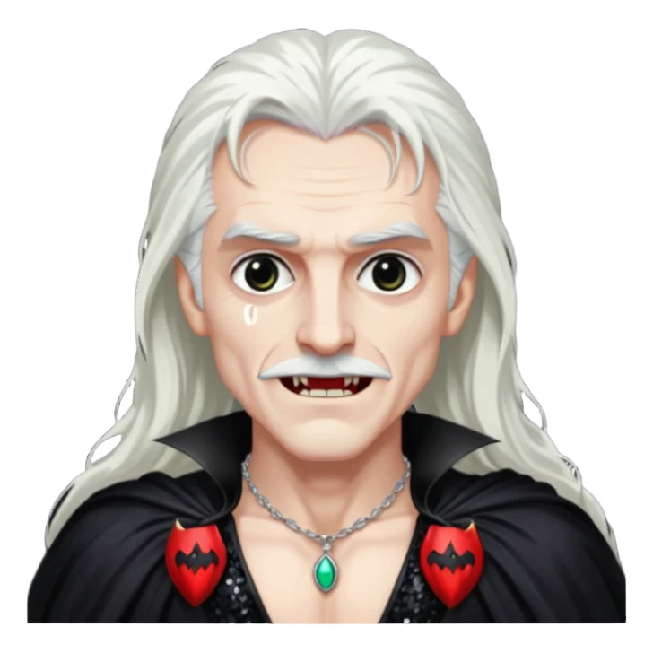 Dracula with long white hair, black sequin baggy pants, shirtless with necklace, black sequin cape sticker