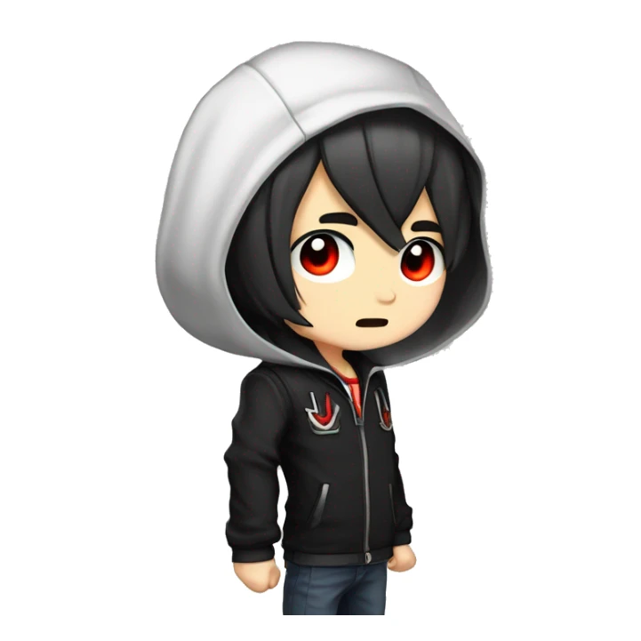 masterpiece, anime style, chibi, illustrated logo, medium short shot, twitch emote of a boy with red eyes, black hair, white locks, shoulder length hair, black jacket. sticker