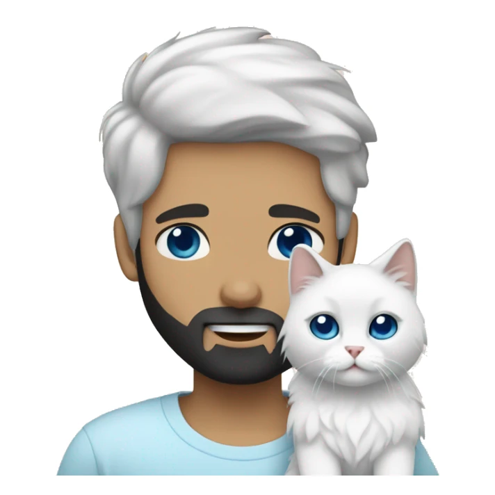 A guy with a black earing and black short hair and black beard and holding a all white Siberian cat with blue eyes  sticker