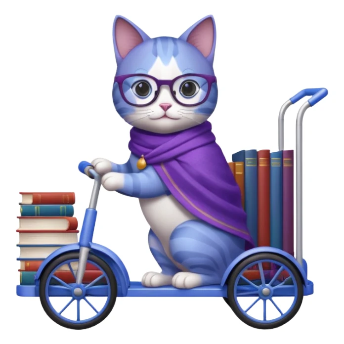 Purple and blue cat with reading glasses and a shawl, standing behind a 4 wheeled pushcart full of books sticker