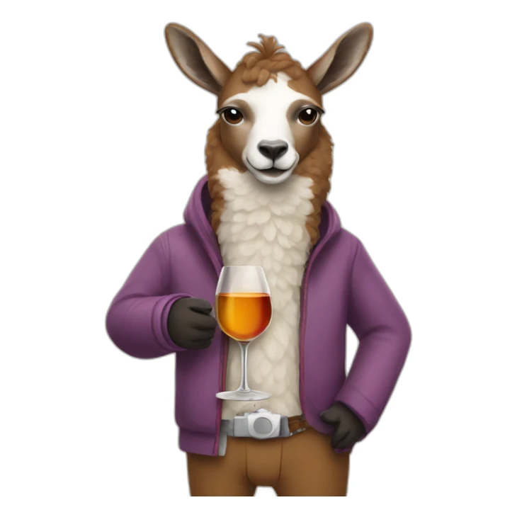 Lama wearing pants drinking wine with a dog sticker