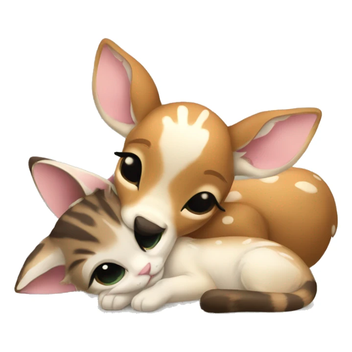 Fawn and kitten laying down curled up together sticker
