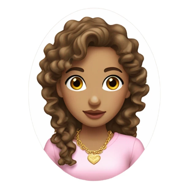 long curly haired, olive skinned, girl, brown eyes and brown hair with some meshes. a little curvy, oval face and plump pink lips. with a white long sleeved shirt and cute gold necklace and gold earrings. sticker