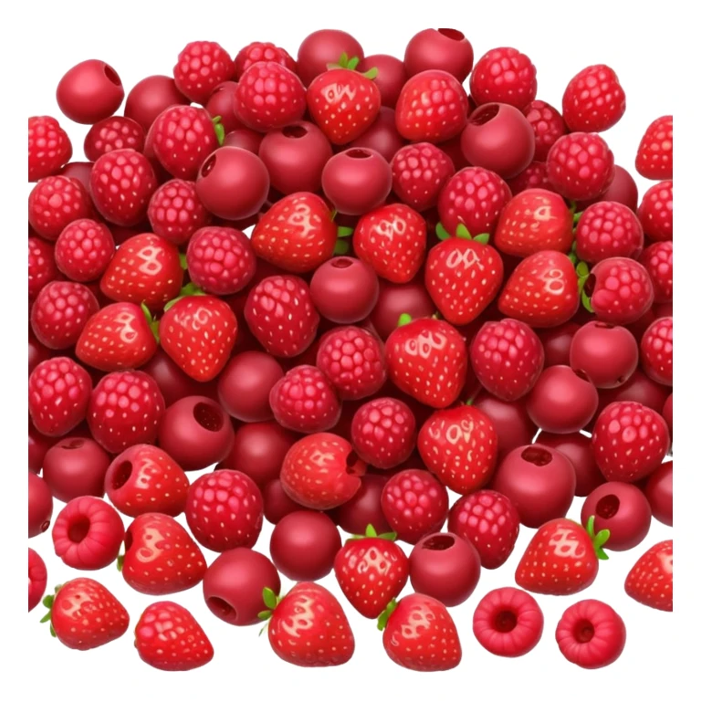 assorted red berries, small pile, strawberries, raspberries, currants, cherries, natural color and texture, glossy, 3D-rendered, minimal, no faces, transparent background sticker