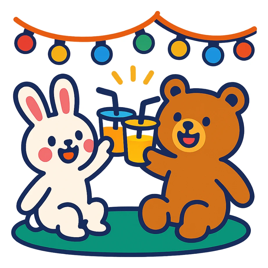 bunny and bear clinking juice cups under string lights, vibrant toon style, bright and lively colors sticker
