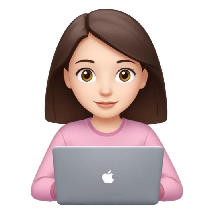 happy white brunette girl with hazel eyes in light pink using laptop sticker