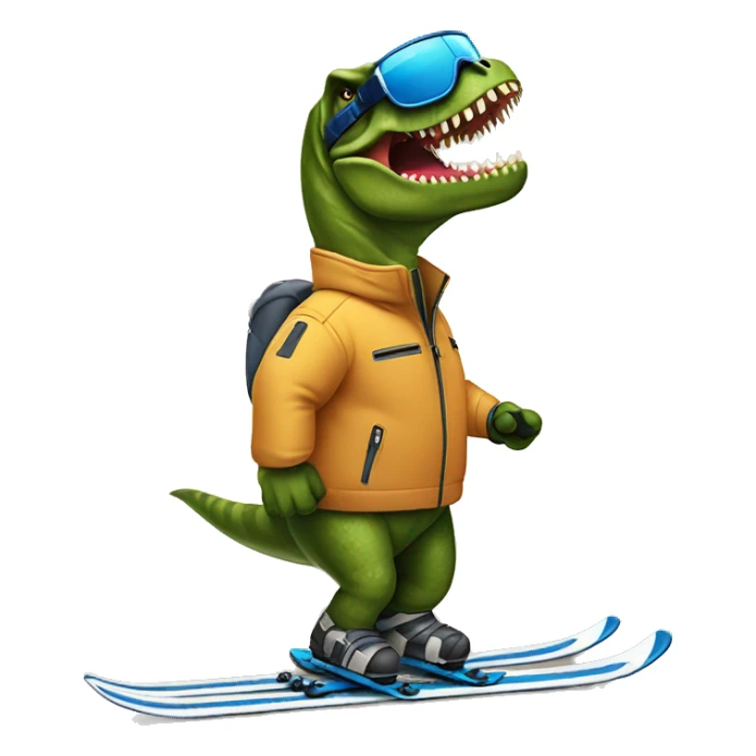 Tyrannosaurus rex downhill skiing wearing a jacket holding poles sticker