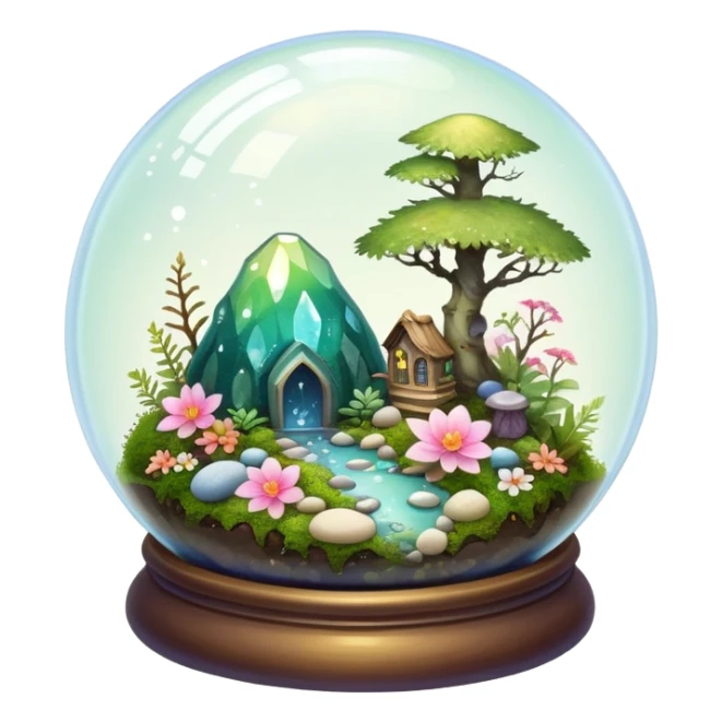 Sparkly shiny iridescent Mystical woodland glass-dome-terrarium-globe with moss inside, with marbles, with pebbles, crystals, with bones inside, and flowers inside  sticker