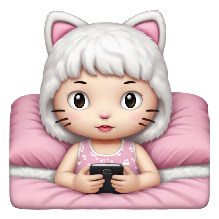 hello kitty without a mouth tucked into bed and using her phone sticker
