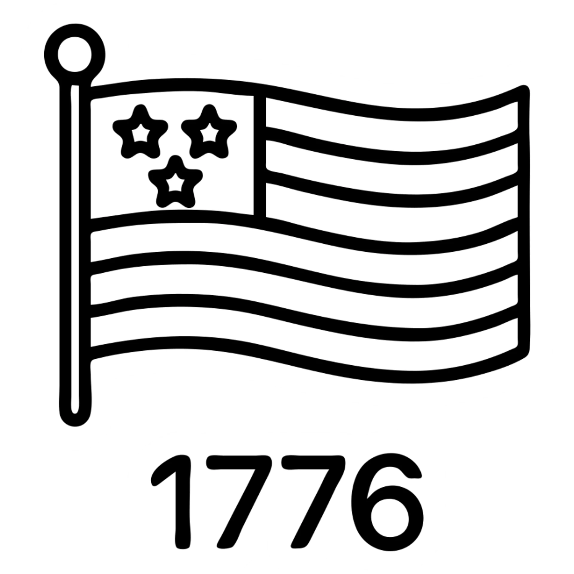 Add the text '1776' in bold black font below the horizontal black and white outlined American flag, keeping the style and background transparent. sticker