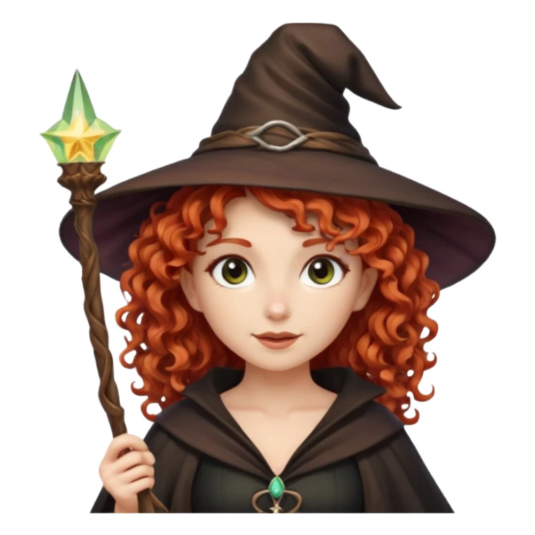 Рыжая кудрявая фея ведьма в шляпе и с волшебной палочкой белая кожа sticker
