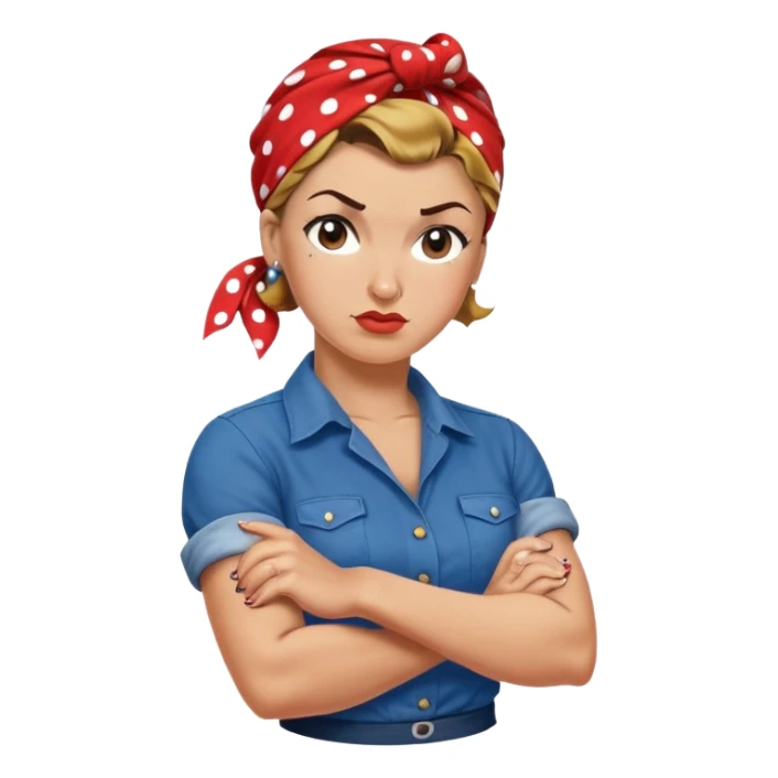 Rosie the Riveter iconic flexed arm pose, determined look, blue shirt, red polka dot bandana sticker