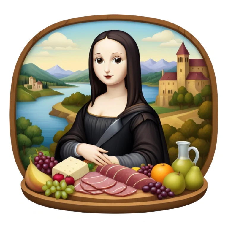  goth mona lisa with SPAM MEAT charcuterie and fruit tray renaissance landscape sticker