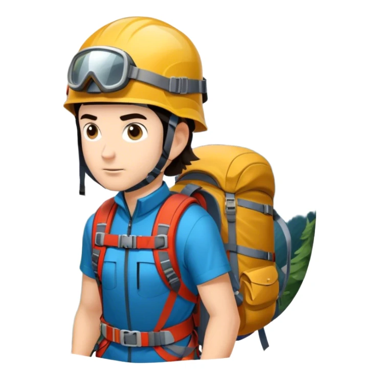 Icon for Mountain Tourism and Climbing: a mountain peak in the background, climbing gear and backpack. The icon should capture the adventure and challenge of alpine exploration. Transparent background. sticker