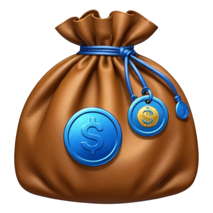 brown money bag with a blue coin  sticker