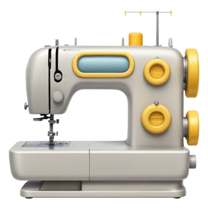 Emoji of a modern sewing machine inspired by a Brother machine. Soft, rounded shapes in the style of Apple emojis, with subtle gradients and soft shadows. White body with light gray details, a yellow spool on top sticker