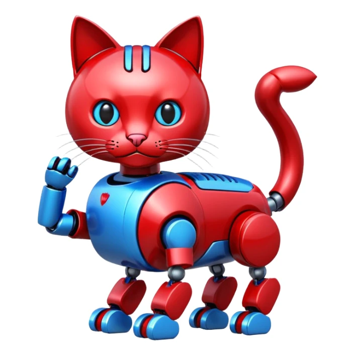 generate robot cat, glossy, realstic, red and blue color, write on text "LMX" sticker