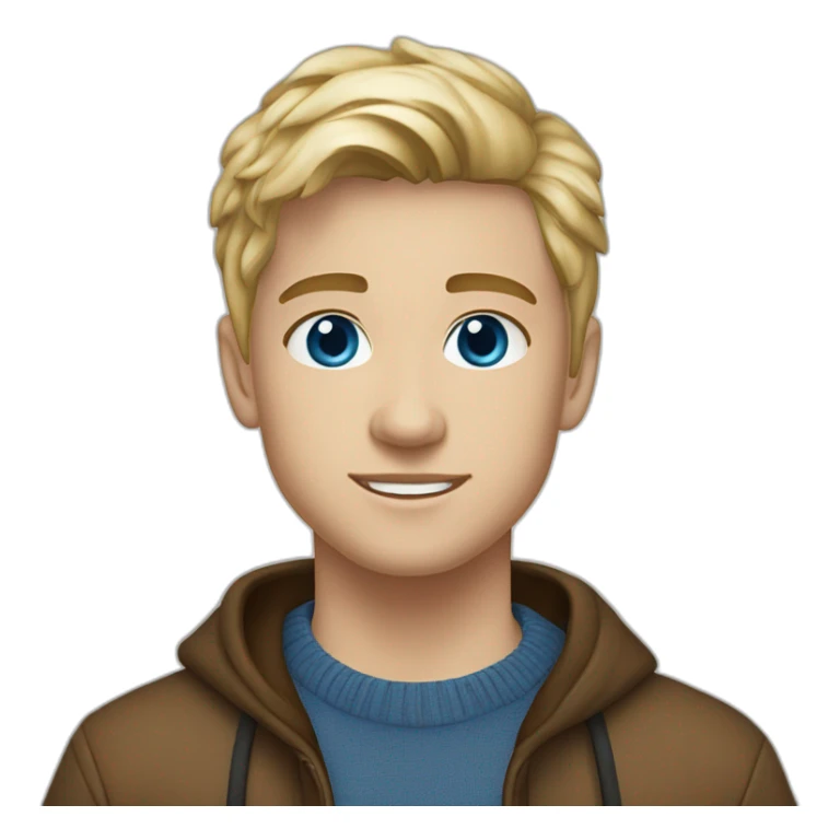 boy, blonde hair in middle parting, 22 years old, blue eyes, brown wool pullover, blue jeans, white low sneaker sticker