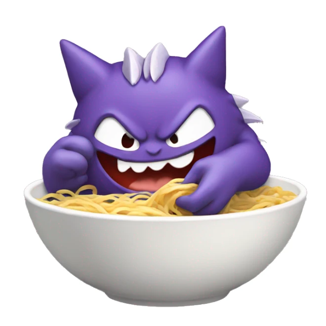 iOS emoji art style, Pokémon character Gengar, eating ramen noodles. sticker