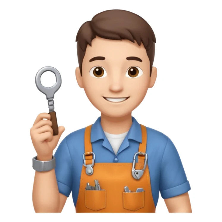 locksmith portrait, head and shoulders only, wearing work apron collar, holding a key near face, friendly confident smile, tool belt strap visible, 3D cartoon, mobile game icon style, clean background, no text, no watermark

 sticker