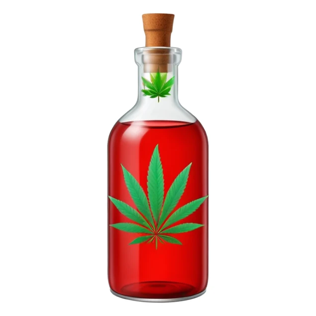 curved glass bottle in red with a green cannabis leaf printed on it sticker