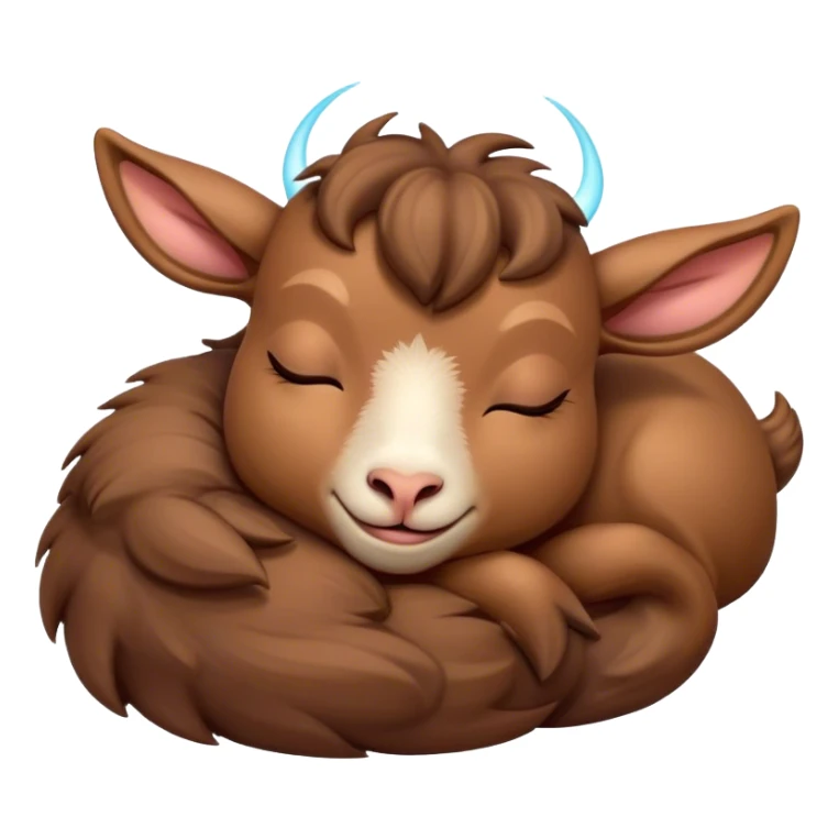 Meme-Worthy Cute Sleeping Brown Goat Portrait Emoji, Head resting peacefully with a contented smile, showcasing a robust build and a luxuriously soft brown fur, eyes shut in a serene, restful nap, Simplified yet hilariously adorable features, highly detailed, glowing with a soft, drowsy light, high shine, relaxed and utterly lovable, stylized with an air of playful laziness, bright and heartwarming, soft glowing outline, capturing the essence of a comically sleepy goat, so meme-worthy it feels like it could instantly become the next viral sensation of adorable slumber! sticker